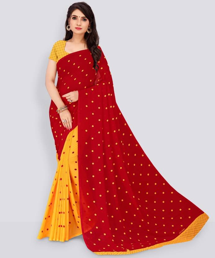 Anand  Printed Daily Wear Georgette Saree  (Red, Yellow)